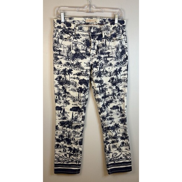 TORY BURCH Coastal Print Cropped Jeans Women 27 White Blue Mid Rise Slim - Picture 2 of 13